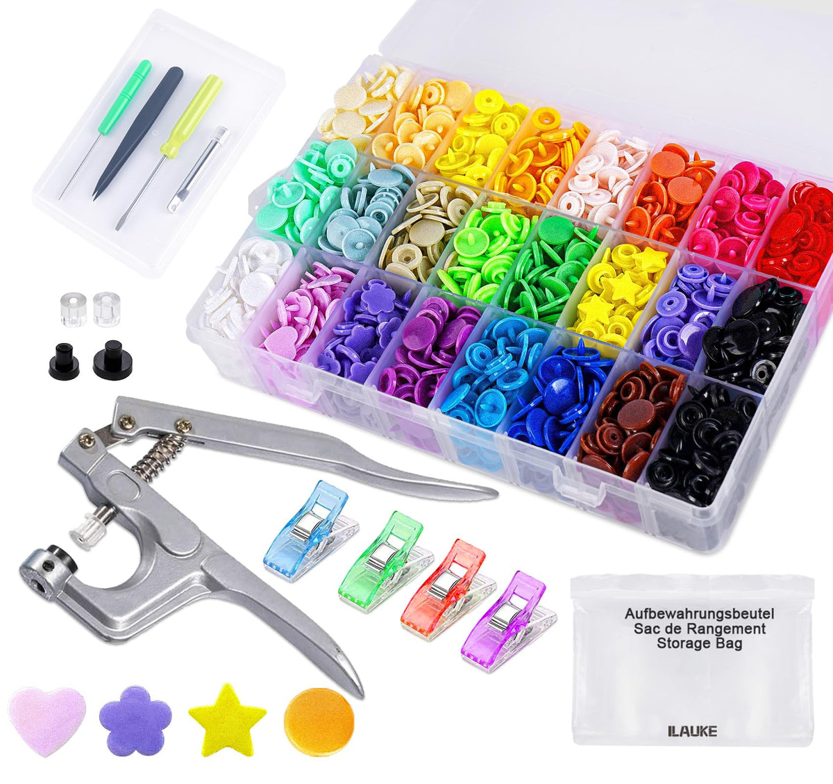 Frosted Press Studs Snap Fasteners, ilauke 200 Sets T5 Plastic Snap Buttons Fastenerss with Pliers, Snap Buttons of Various Shapes with Storage Boxes