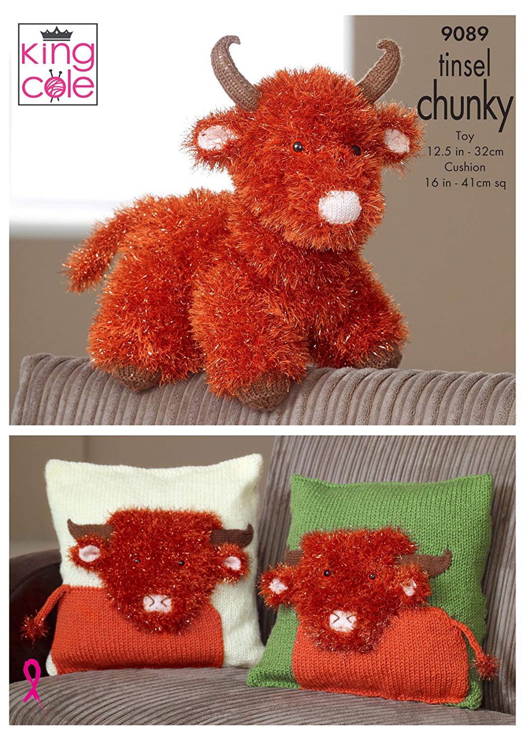 King Cole 9089 Knitting Pattern Highland Cow Toy & Cushion Covers in King Cole Tinsel Chunky