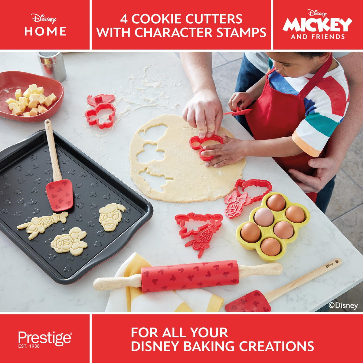 Prestige New Disney Bake with Mickey Mouse Bakeware Set with Non Stick Oven Tray 10" x 15", Cookie Cutter Set of 4 and Silicone Rolling Pin 45cm, Red"