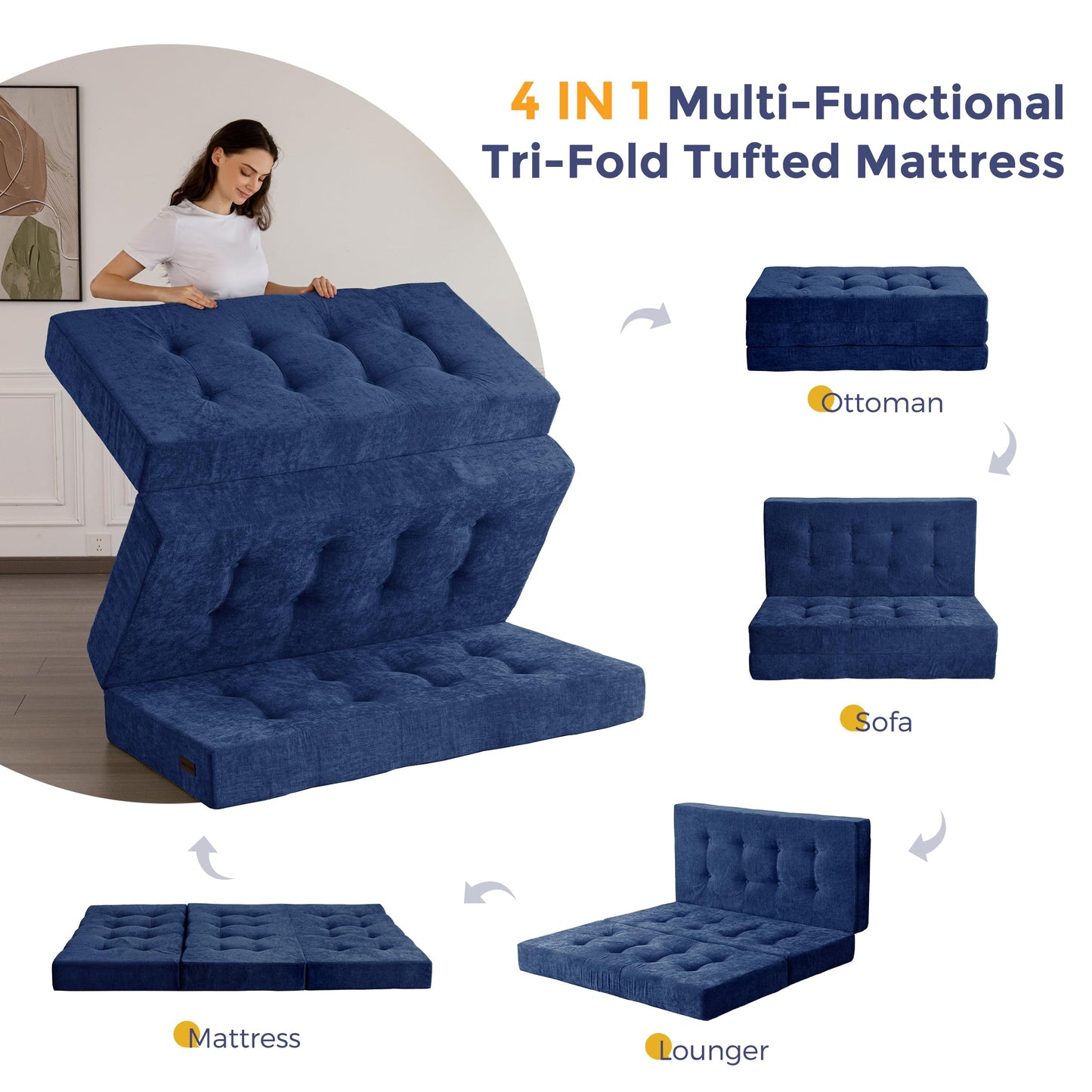 MAXYOYO Folding Mattress Chenille Fabric 15cm, Sofa Bed for Guest