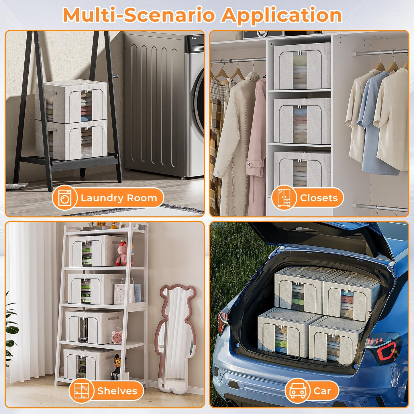 Boic 3 Pack Clothes Storage Boxes With Metal Frame, 100L Foldable Storage Boxes For Clothes