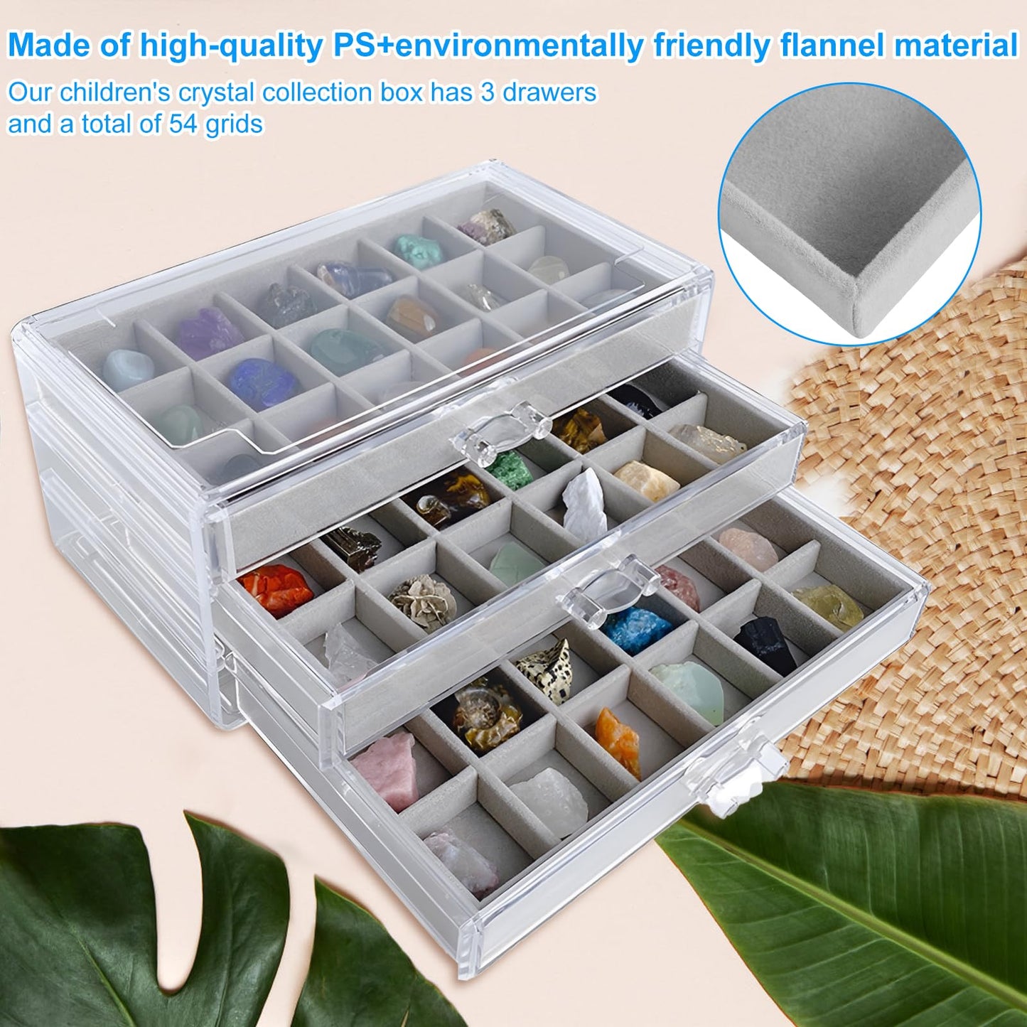 Rock Display Case With 3 Drawers - 54 Grids Collection Box for Clear Crystals, Gemstones, and Kids' Rocks