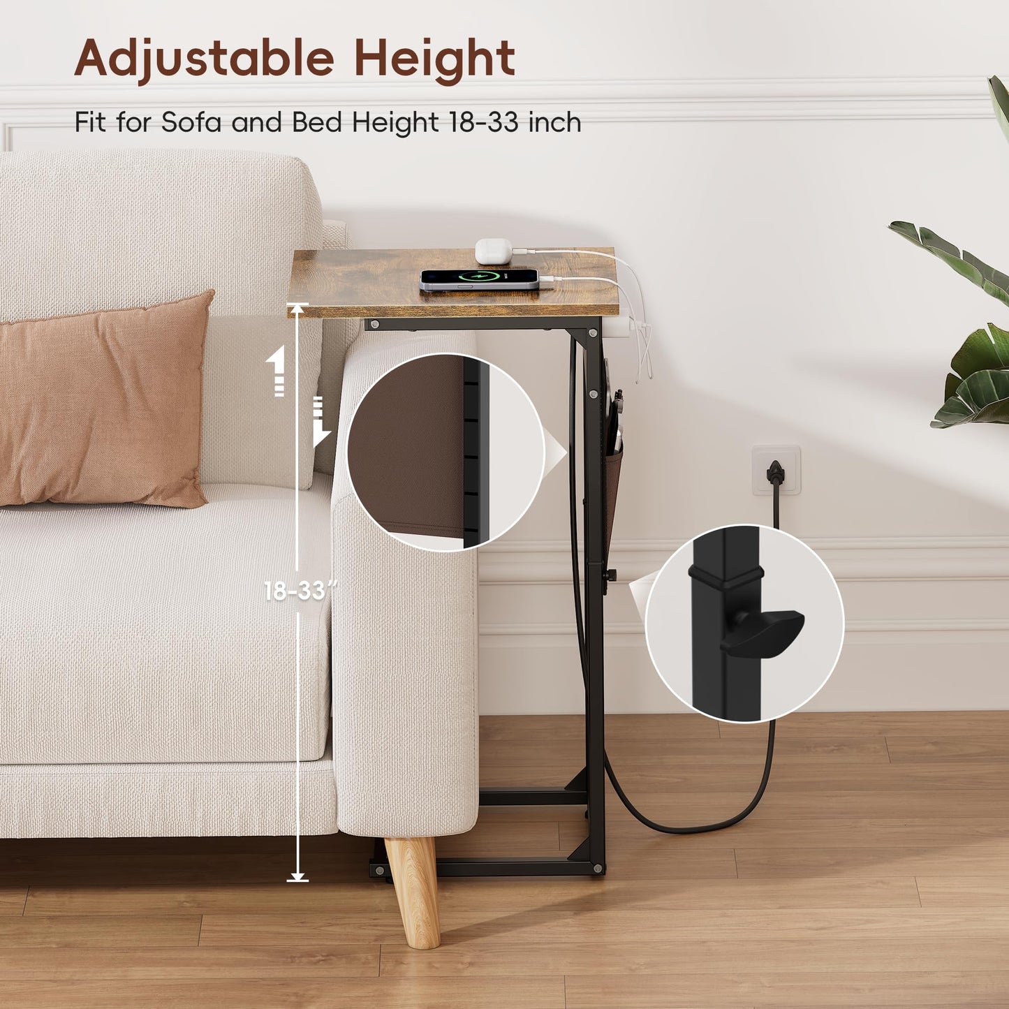 Vagusicc C-Shaped Side Table with Charging Station, Height Adjustable Sofa Side Table, Bedside Table, End Table for Small Spaces