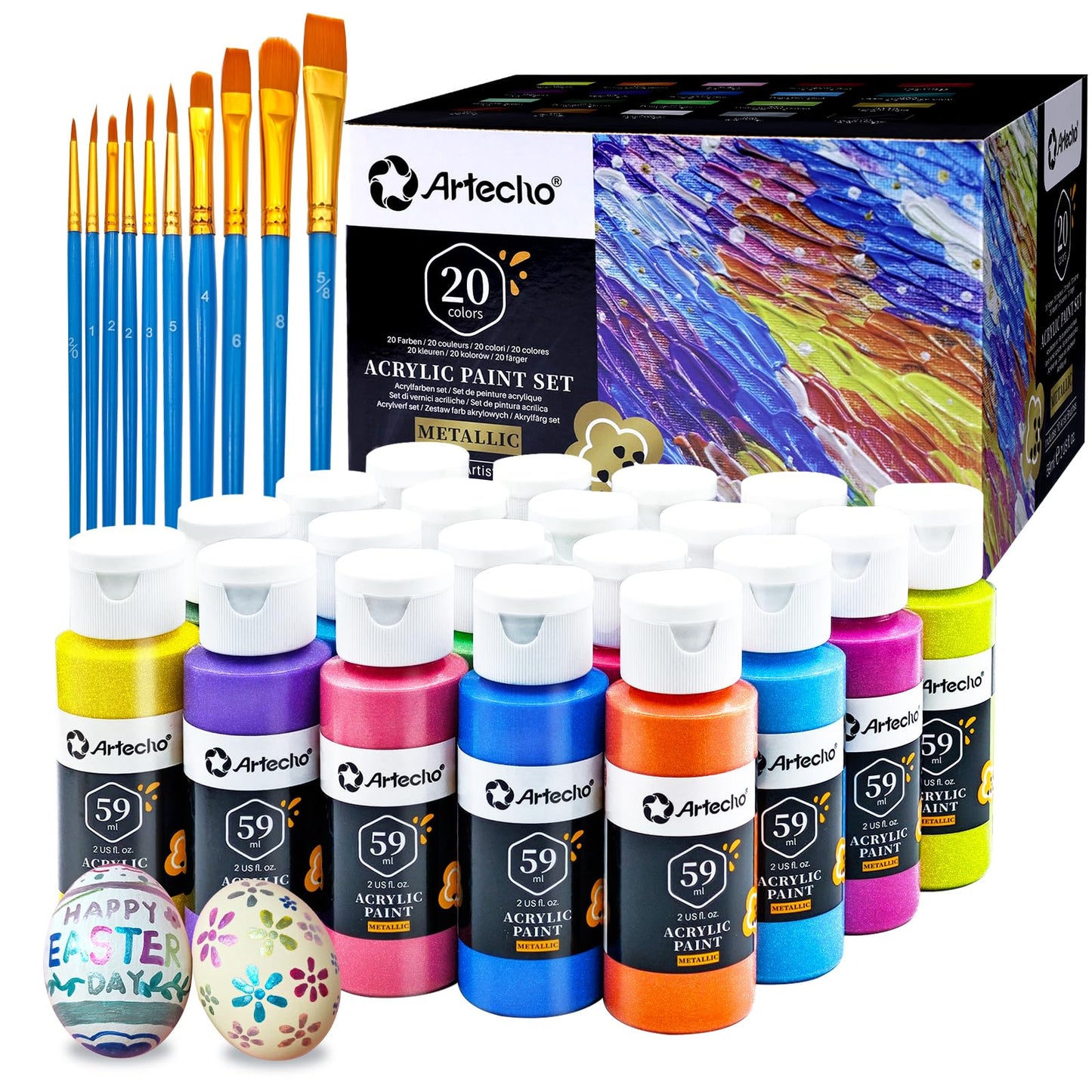 Artecho Metallic Acrylic Paints Set 20 Colors 2 Ounce/59ml with 10 Art Brushs, Non Toxic, Acrylic Paint Kit for Canvas, Crafts, Glass, Clay, Wood,
