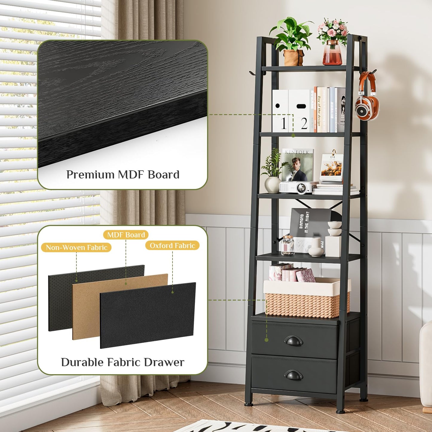 Wooruy 5 Tier Narrow Bookshelf with 2 Fabric Drawers Corner Ladder Shelf