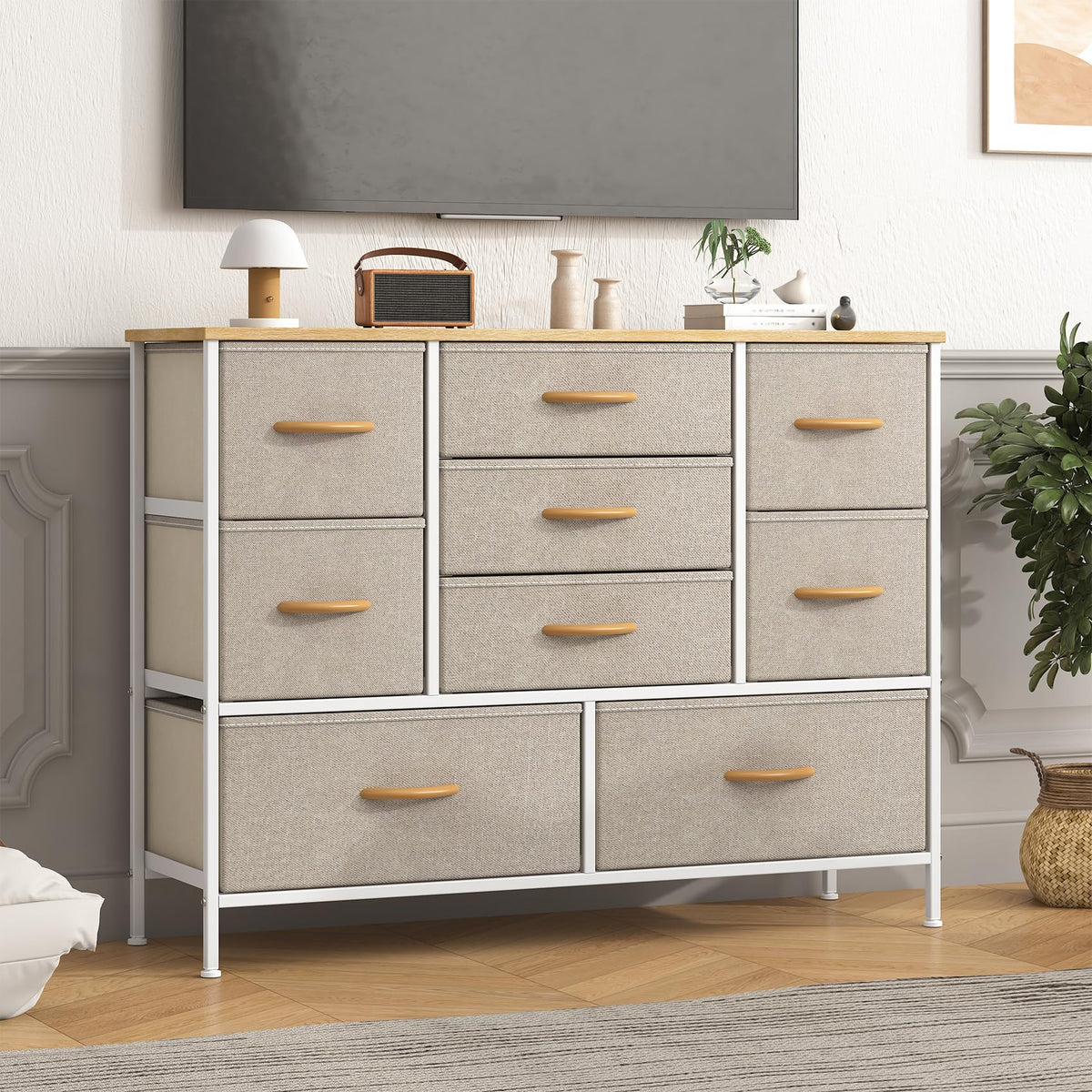 Feonase Chest of Drawers,Bedroom Dresser with 9 Fabric Drawers, Metal Frame & MDF Wood Top, Adjustable Feet, Storage Organizer Unit for Bedroom,