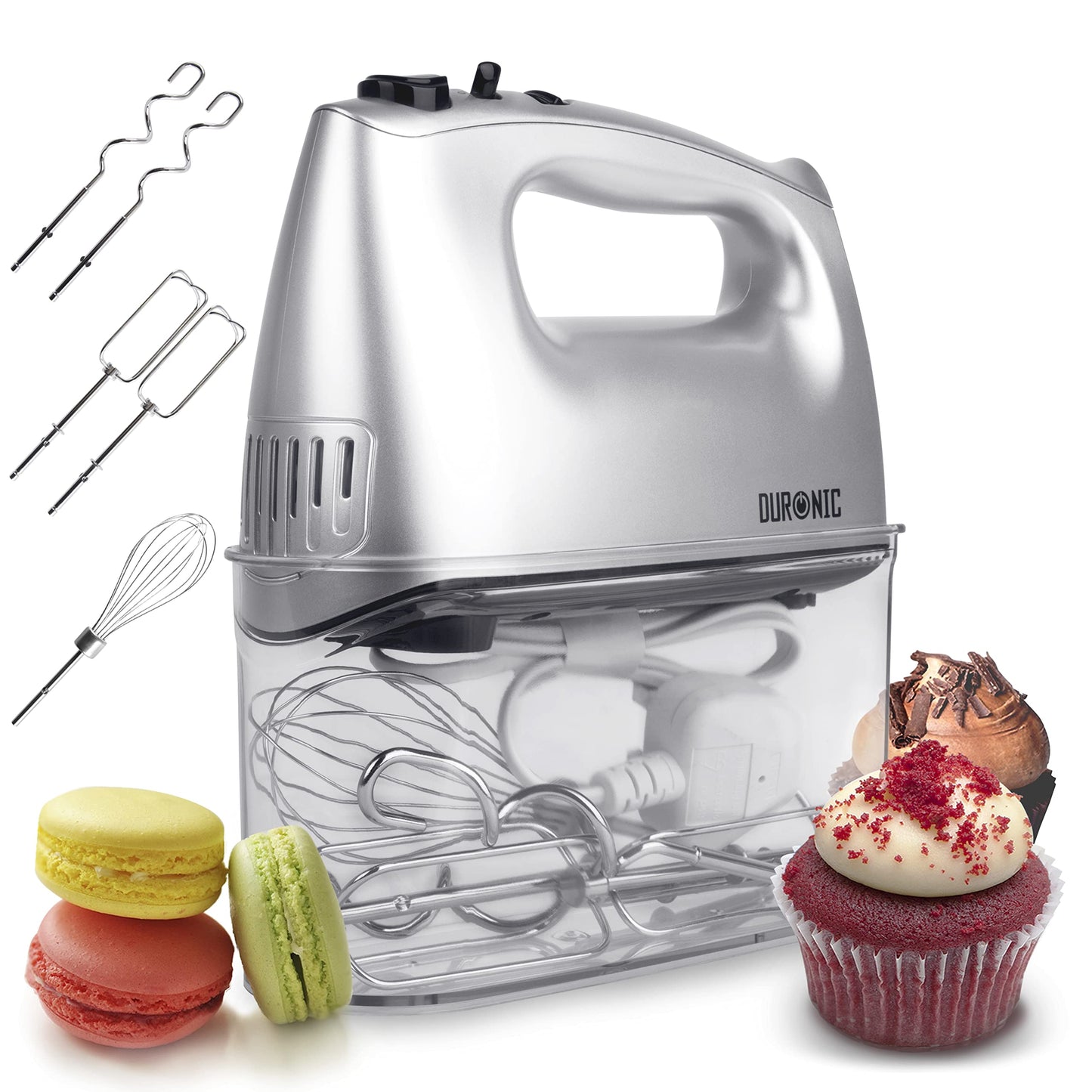Duronic HM4 SR Hand Mixer 400W Electric Whisk Handheld Kitchen Food Mixers for Baking Dough Cream Egg Beaters with 5 Speeds Turbo Cake Whisks with 2