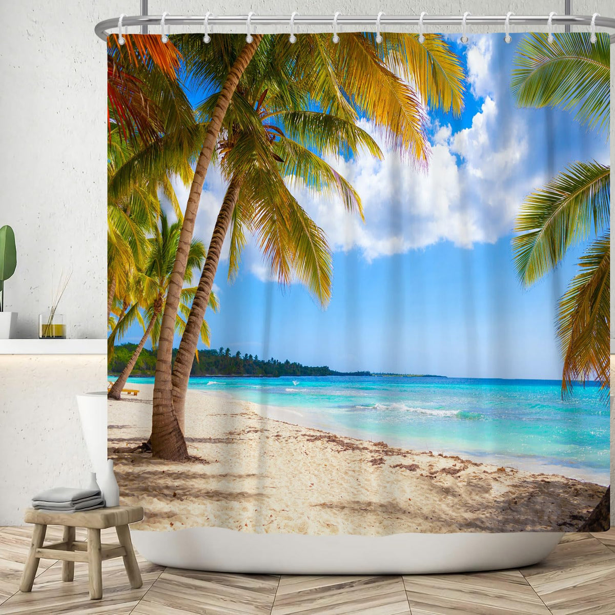 ASDCXZ Palm Trees Beach Shower Curtain 180 x 180 cm, Summer Seaside Sand Beach Sky Tropical Plants Bathroom Washable Shower Curtains Polyester Textile