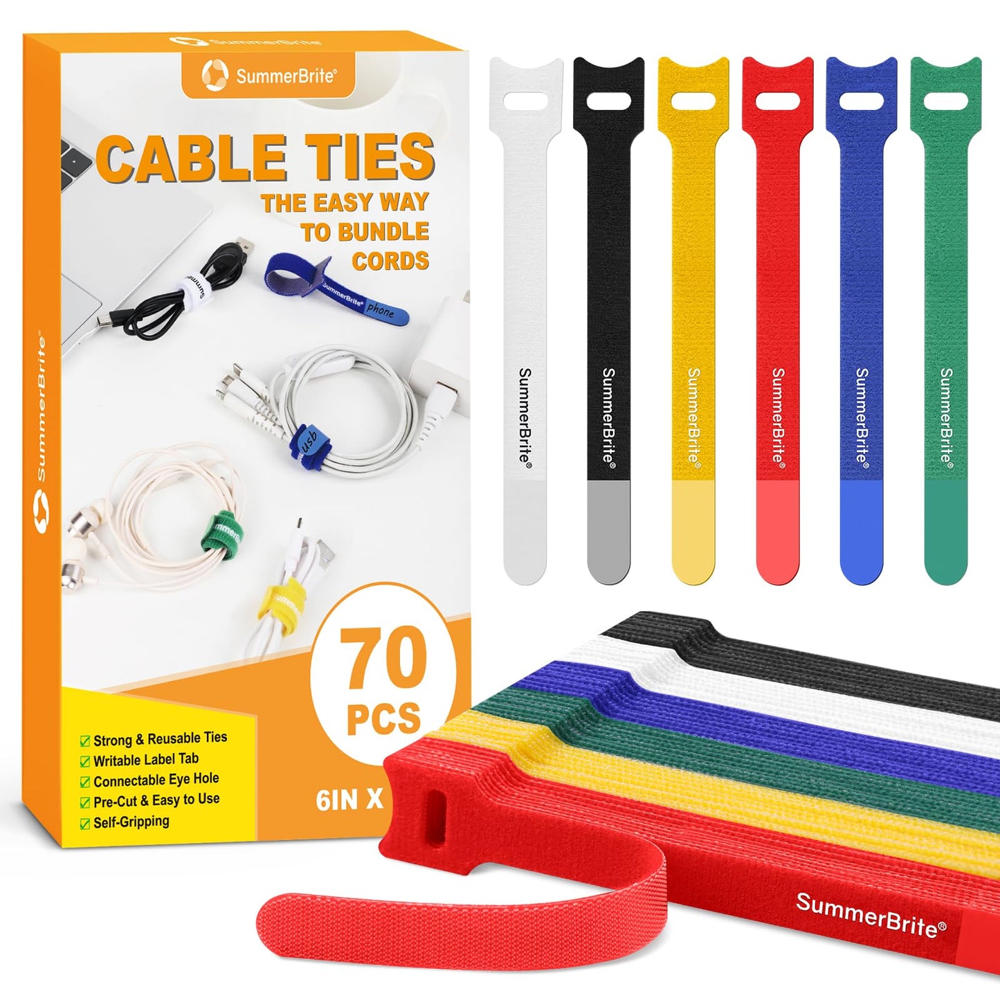 Summerbrite 70PCS Reusable Cable Ties Muliticolor Cable Straps Adjustable Hook and Loop Releasable Cable Tidy Ties Fastening Straps for Home & Office