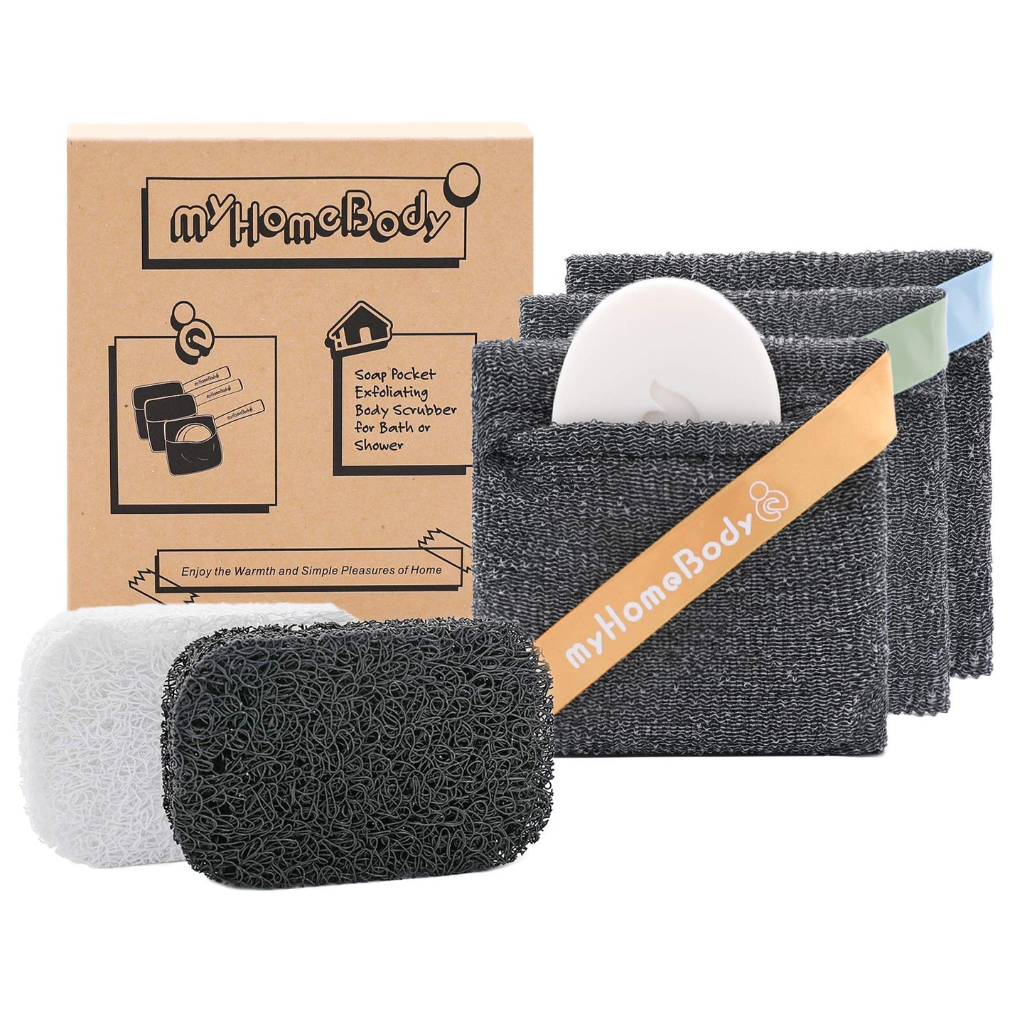 myHomeBody Soap Pocket Squares Exfoliating Pouch, Body Scrubber, Exfoliator Sponge for Bath or Shower, or Leftover Bits Saver, Graphite Gray, 3 Pack +