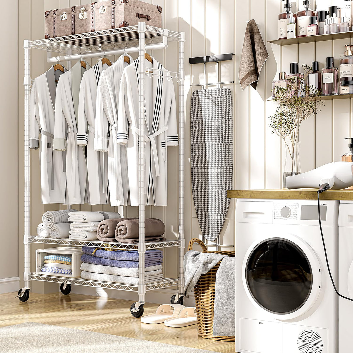 M MZG Heavy Duty Rolling Garment Rack 3 Tiers Adjustable Wire Shelving Clothes Rack with Rods and Side Hooks,Storage Closet Clothing Rack with Wheels