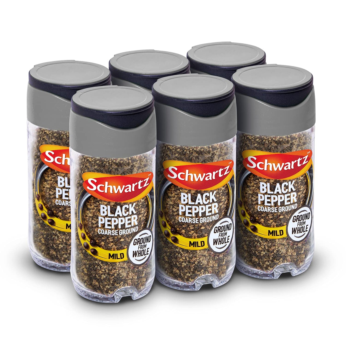 Schwartz Black Pepper Mild Coarse Ground 33 G, Jar, Pack of 6, Warm, Spicy, Aromatic Taste, Versatile Spice, Essential for Home-Cooked Meals, Perfect