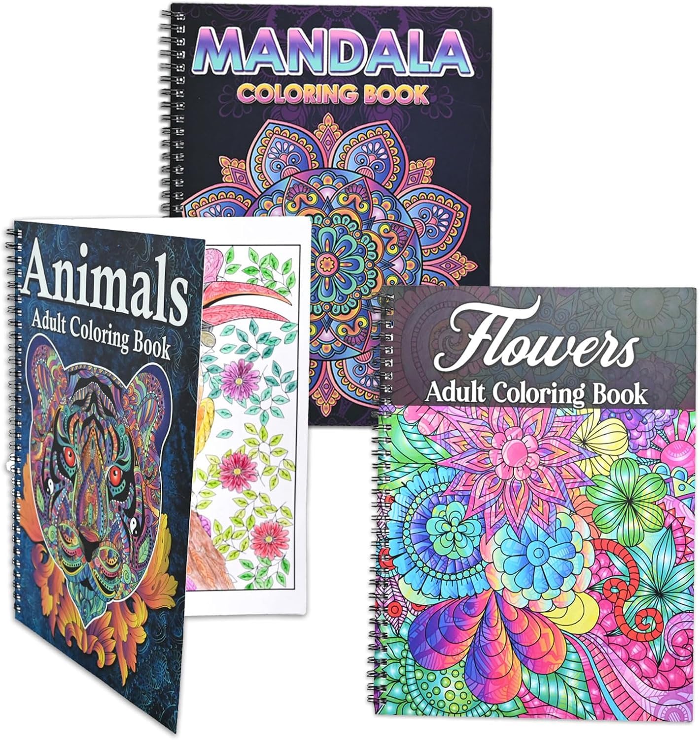 Pobuu 3 Pack Adult Colouring Book,60 Page Mandalas,Animal & Flower Patterns,Spiral Bound Colouring Books for Adults Relaxation, Anxiety Relief Gifts