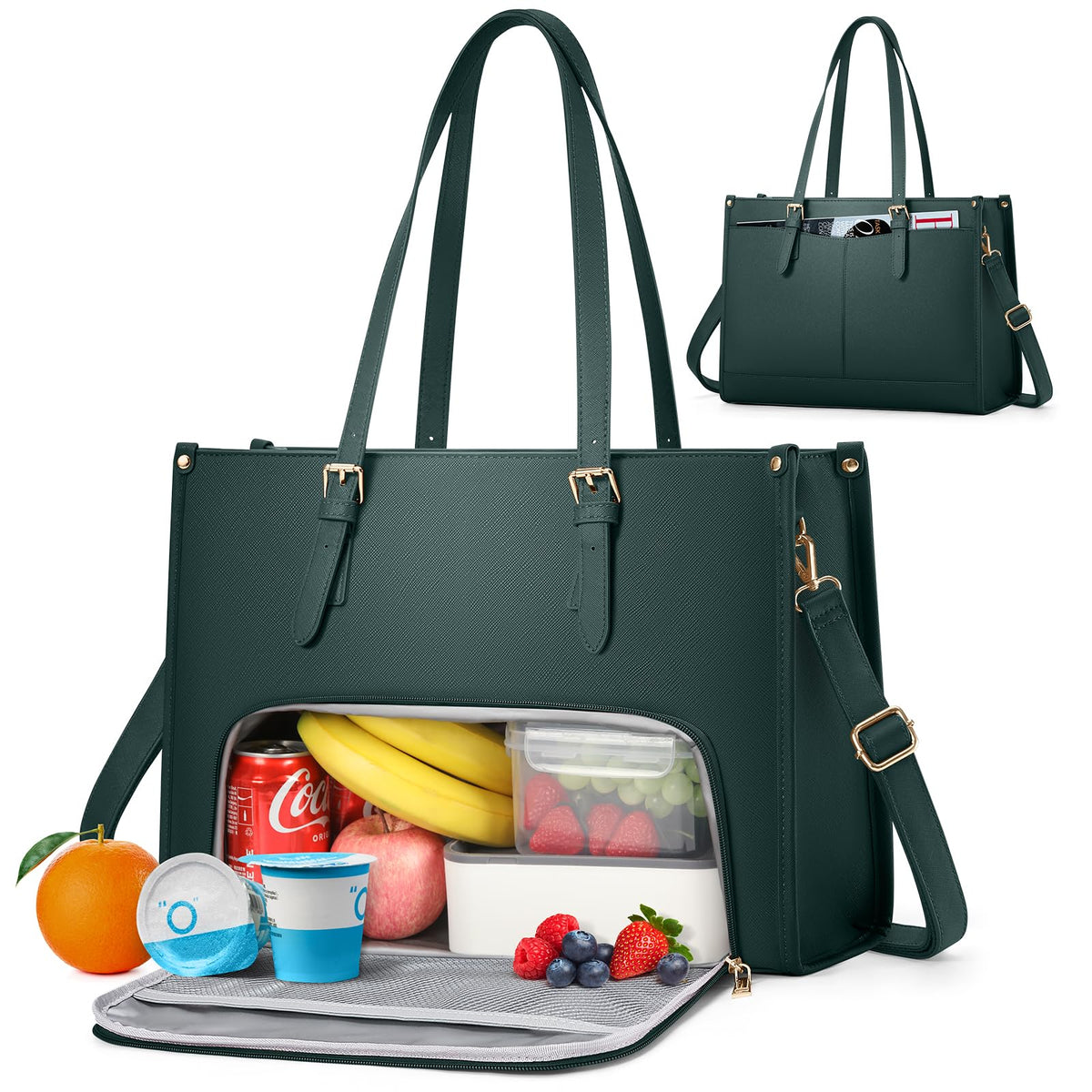 RAINSMORE Laptop Bags for Women with Insulated Leakproof Lunch Compartment 15.6 Inch Laptop Tote Work Bag PU Leather Ladies Handbag for Business Nurse