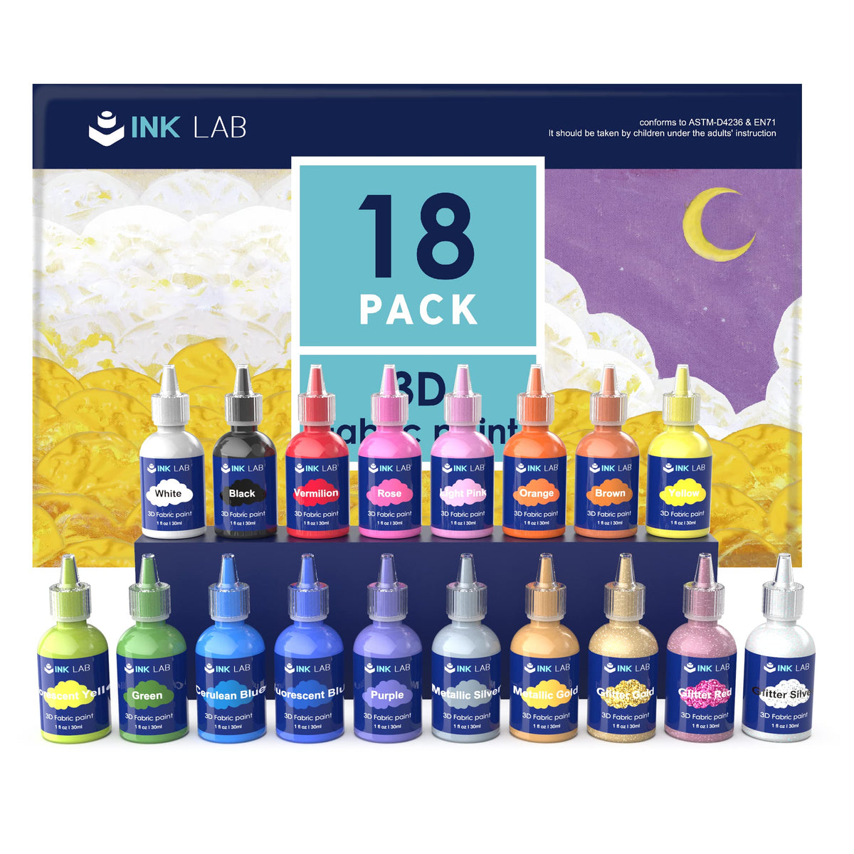 INK LAB 3D Fabric Paint Set 18 Colors Permanent Textile Paints with Brushes for Kids Adults Clothes DIY Canvas Ceramic Wood T-Shirts Bags,