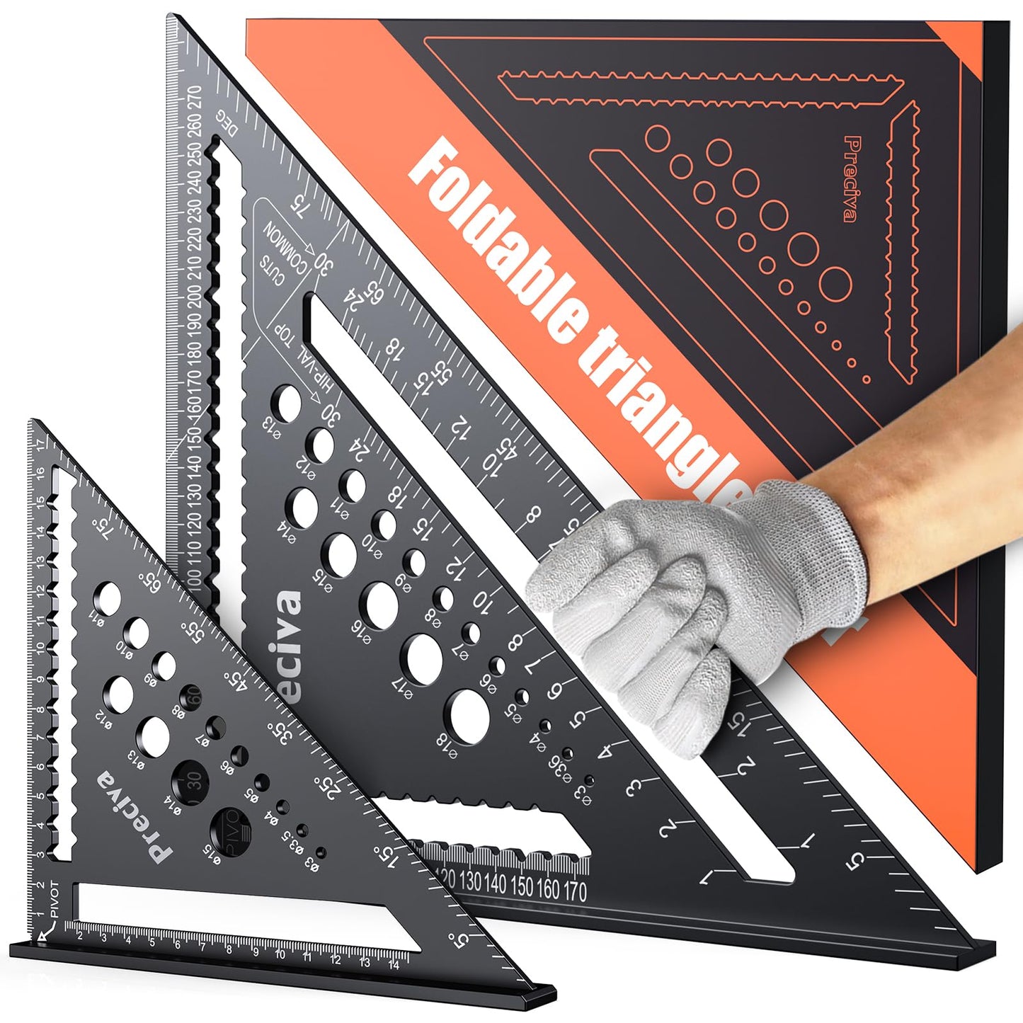 Set Square, Preciva 18+30cm/ 7+12inch Speed Square, Triangle Ruler Kit with 17 Types of Drill Holes, Multifunctional Aluminum Alloy Carpenter Tool Can