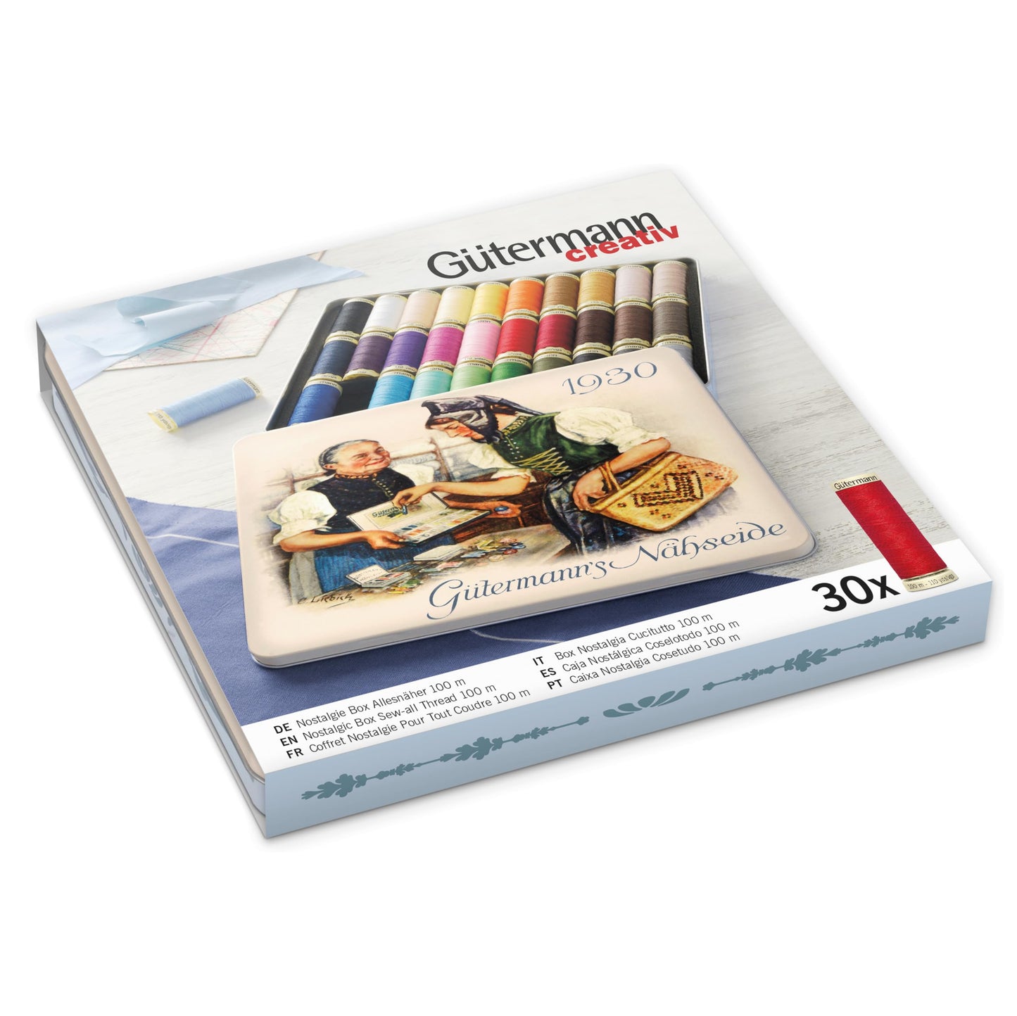 G?termann creativ Nostalgic Box containing 30 spools of Sew-all Thread in different colours