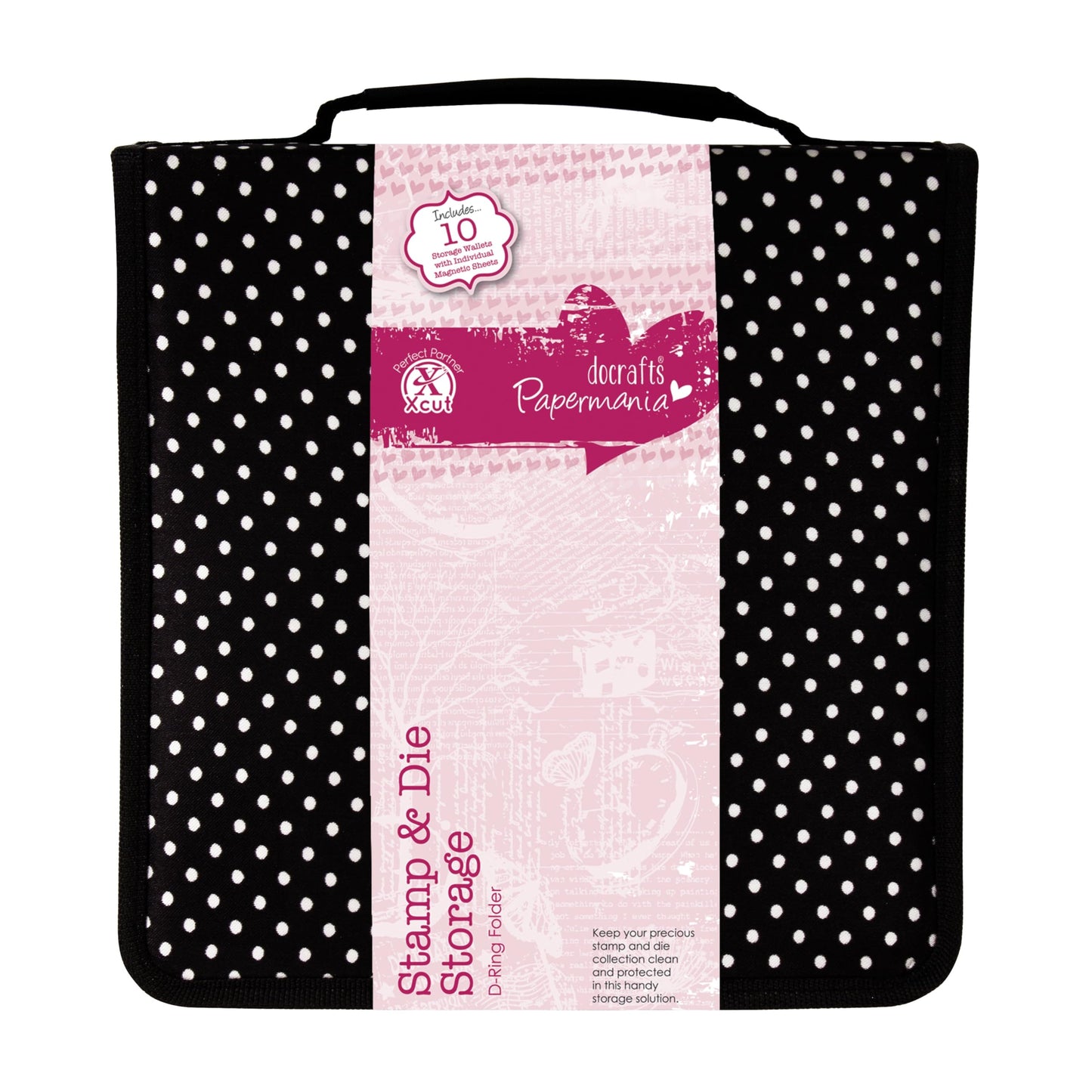 Papermania Polka Dot Stamp & Die Storage, Black and White, 10 x 10", 10 Pockets, Storage Organiser Containing Magnetic Sheets, Refill Pockets