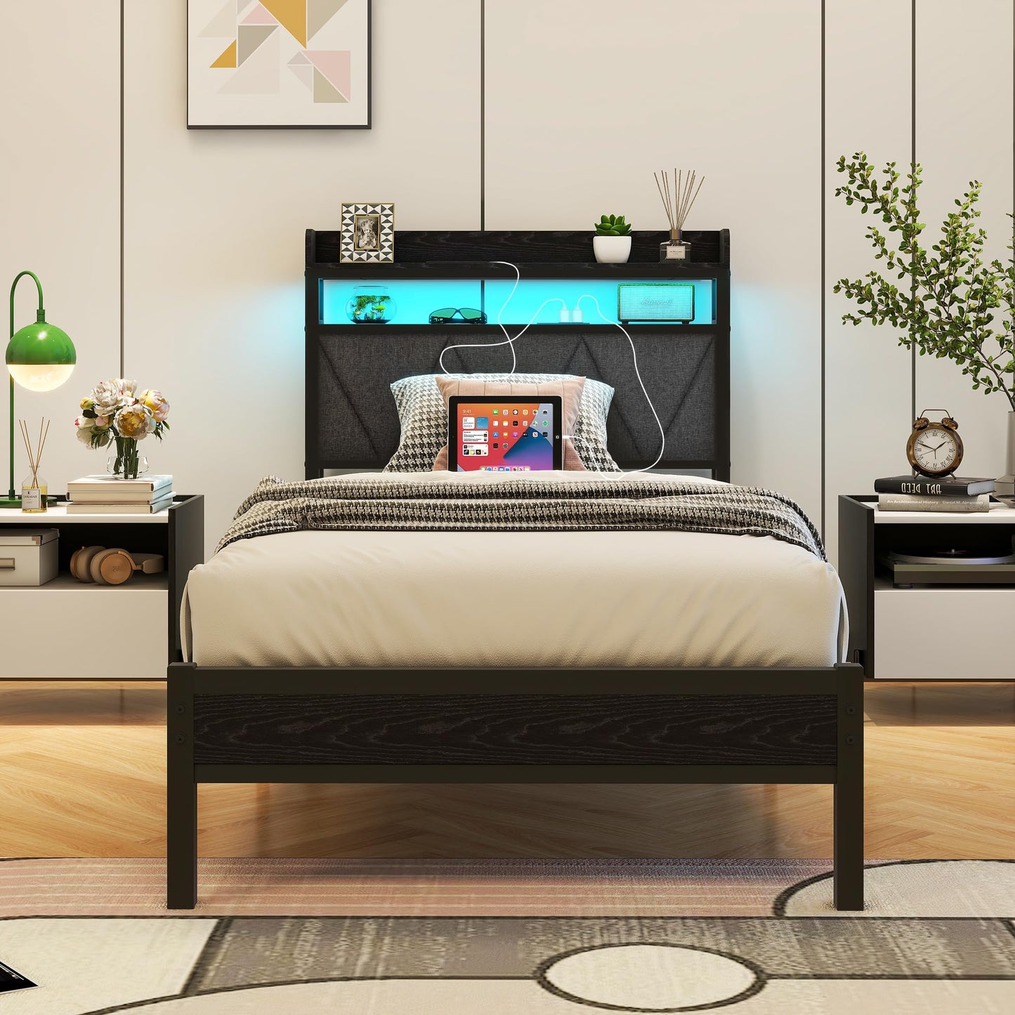 VERFARM 3ft Single Bed Frame with LED Lights Storage Upholstered Headboard and Charging Station, Solid Metal Platform Bed Single Size, No Box Spring