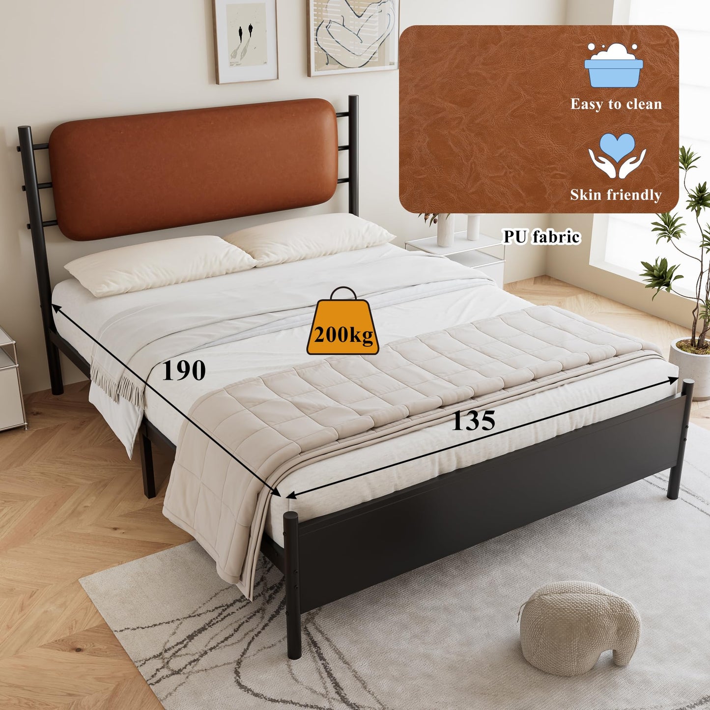 Merax 4ft6 Double Metal Bed with PU Upholstered Headboard – Wrought Iron Frame, 135x190cm, Durable & Sturdy, Comfortable Youth Bed for Teens & Adults
