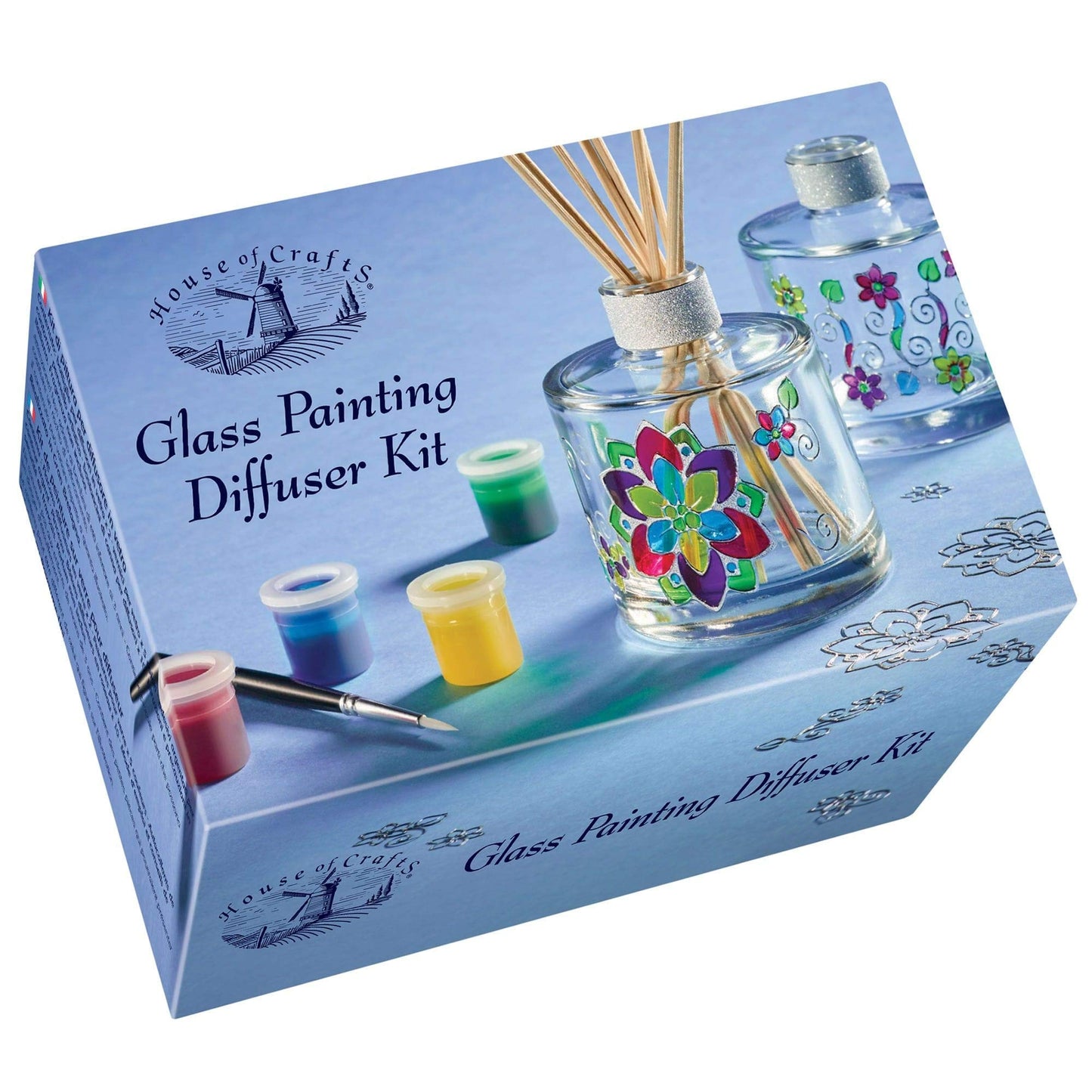 House of Crafts Glass Painting Diffuser, Single Craft Kit Set, Multicoloured, Includes 2 Glass Fragrance Diffuser Bottles, Silver Outline Stickers, 5