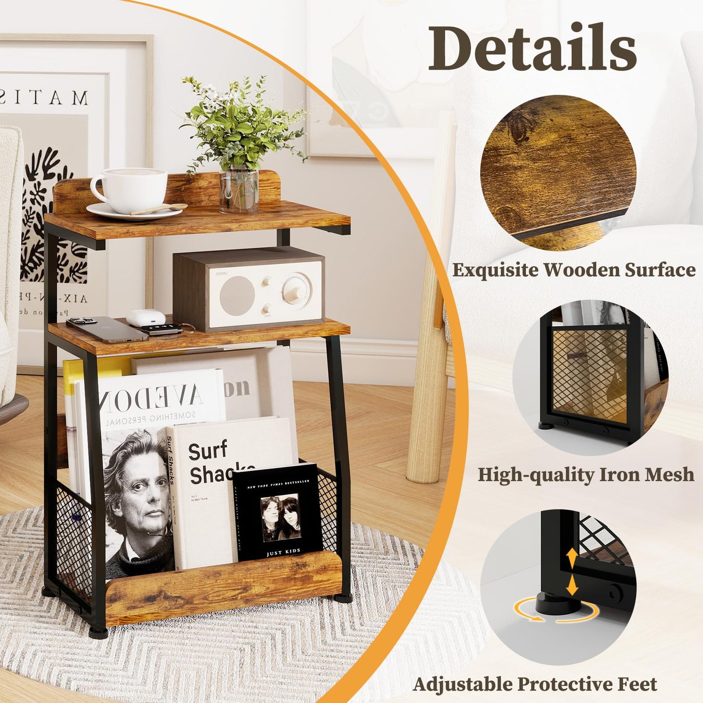 PUNCIA 3 Tier Slim End Table with Magazine Rack Retro