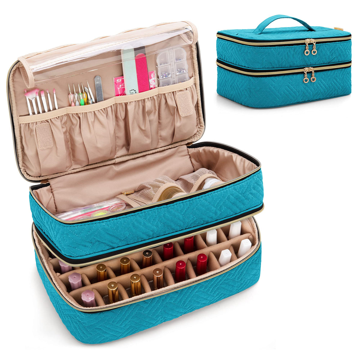 BAFASO Double Layer Nail Polish Organiser Holds 40 Bottles (15ml - 0.5 fl.oz), Nail Polish Case with Manicure Tools Storage Sections (Bag Only), Teal