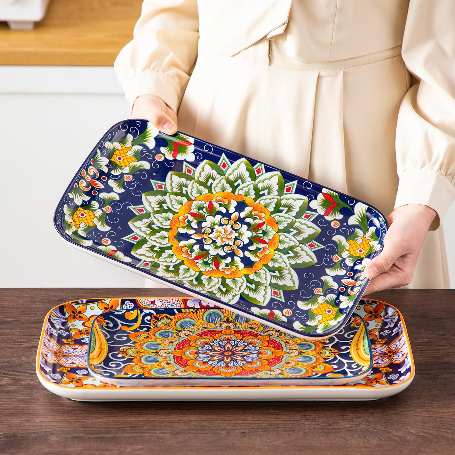 vancasso SIMI02 Serving Platter, 16/14/12 in Large Porcelain Serving Dishes, 3-Piece Rectangle Serving Plates, Easy-Clean Sushi Platters for Party,