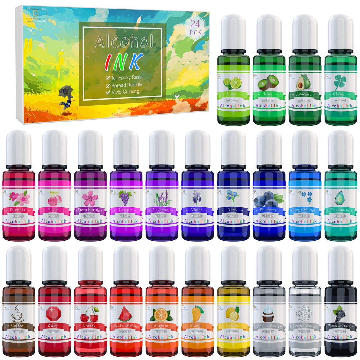 Alcohol Ink Set - 24 Vibrant Colours for Resin Art, Epoxy Painting - Concentrated Ink Dye for Tumbler Making - 24 x 10ml