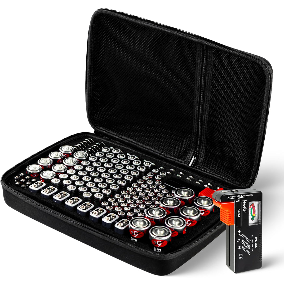 BattBox 166 Battery Case with Battery Tester, Water Resistant Cell Storage Organiser For AAAA, AAA, AA, 9V Flat, C, D and Button Batteries (Batteries