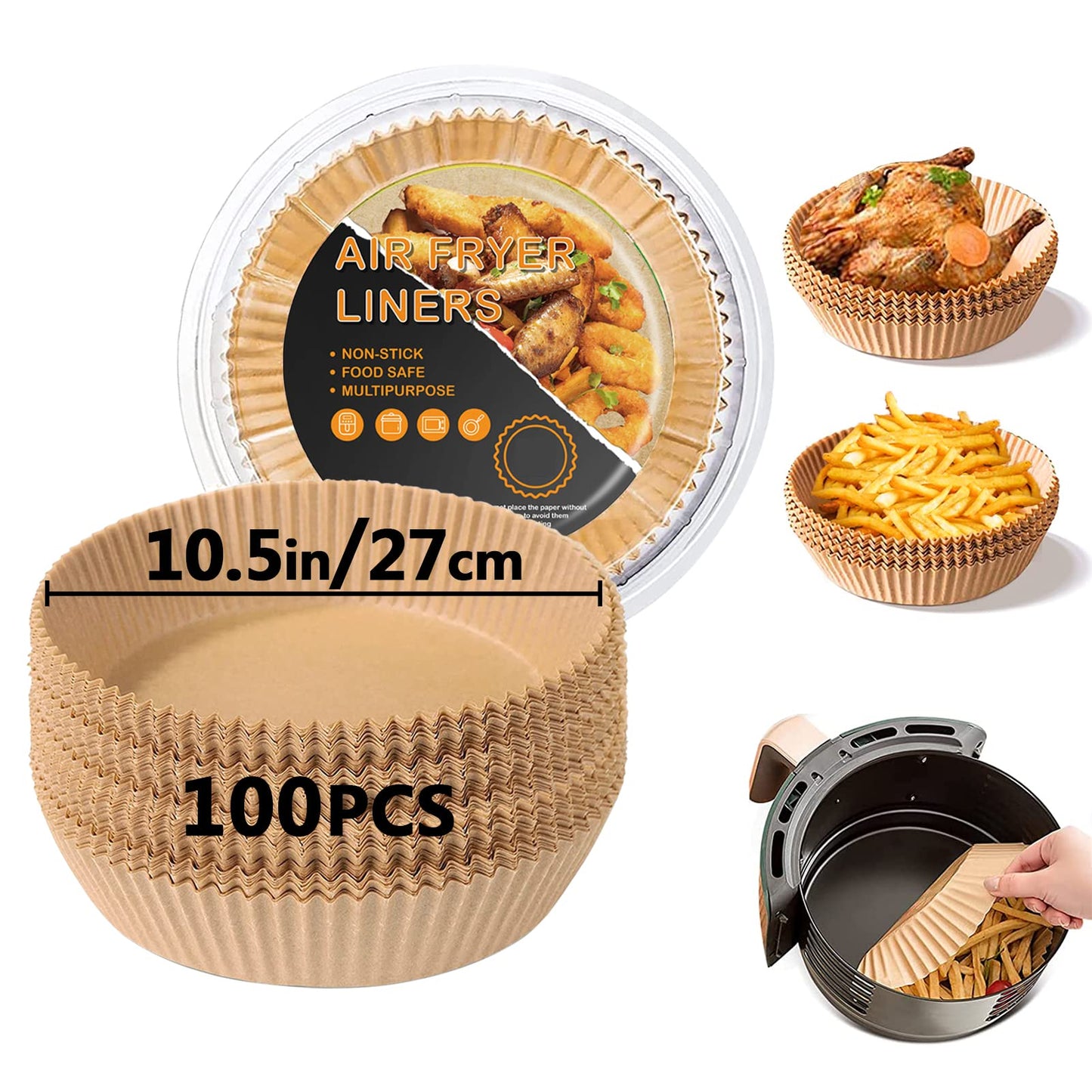 Air Fryer Liners, 10.5 Inch Air Fryer Disposable Paper Liners 100Pcs, Parchment Paper Liners Oil-Proof, Water-Proof, Food Grade Baking Paper for Air