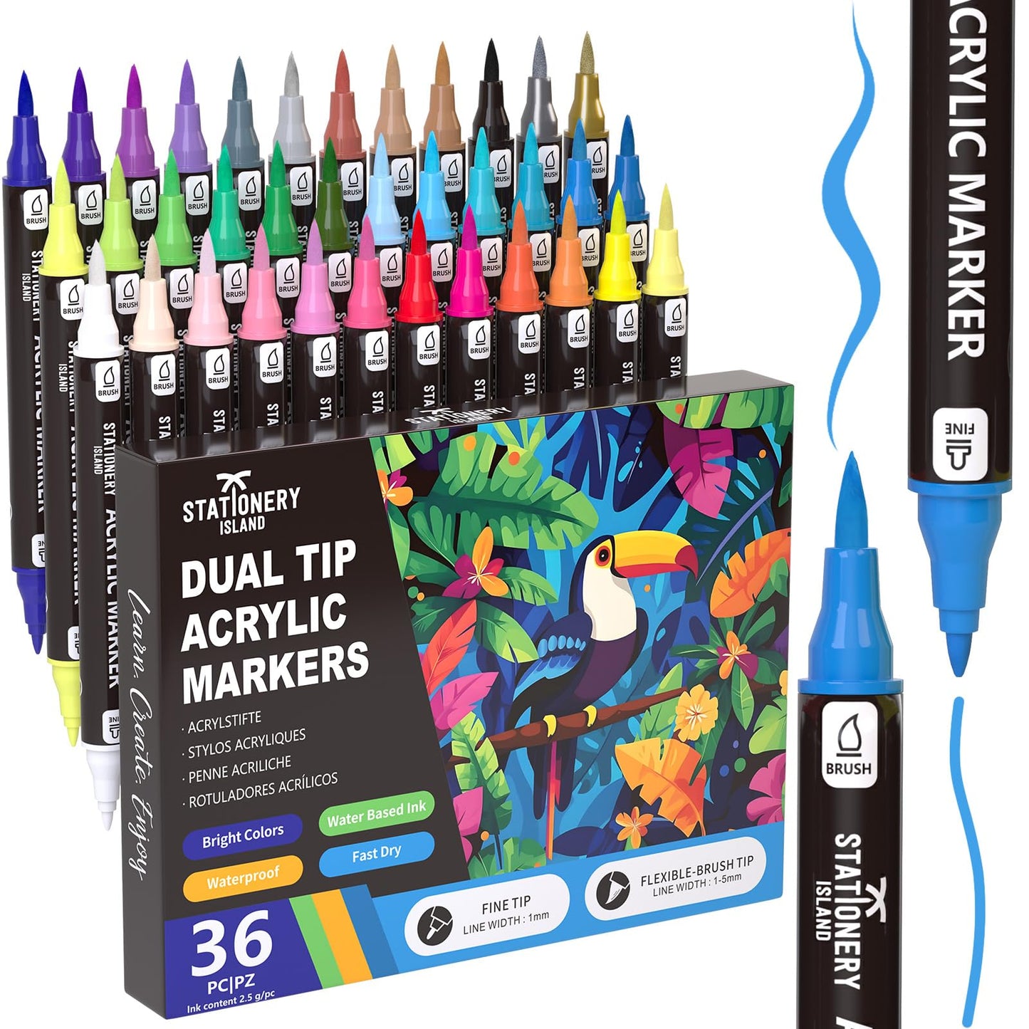 STATIONERY ISLAND Acrylic Paint Pens 36 Colours Paint Markers Dual tip Acrylic Markers for Rock Painting Stone Glass Ceramic Wood Metal Fabric Fine &