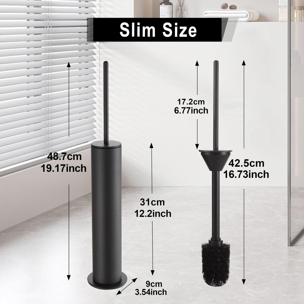 BVL Toilet Brush, Grey, Metal Toilet Brush Including 2 Brush Heads, Slim Design Toilet Brush Round for the Bathroom