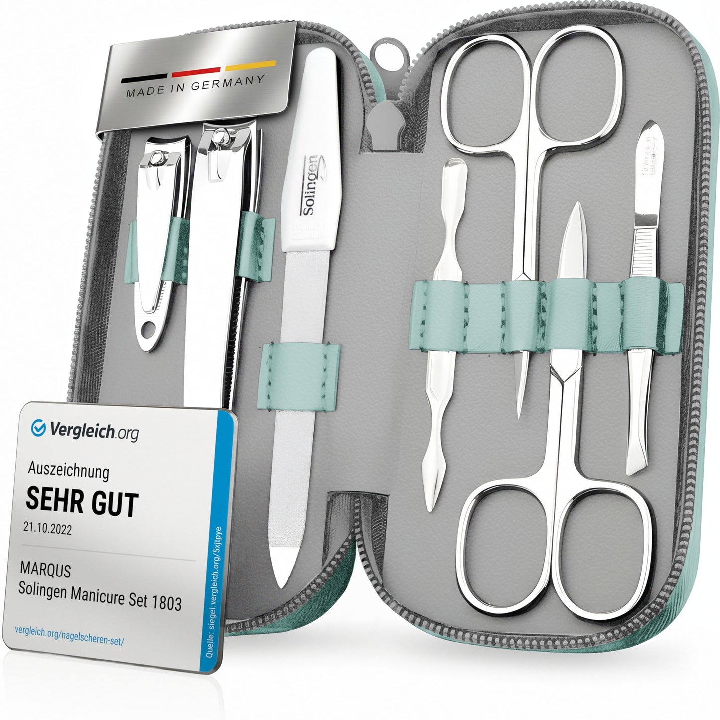 Solingen Manicure Set for Women & Men - Comparison Winner with Top Price/Performance Ratio - Handy and Soft Case - 7-Piece Grooming Kit, Mint