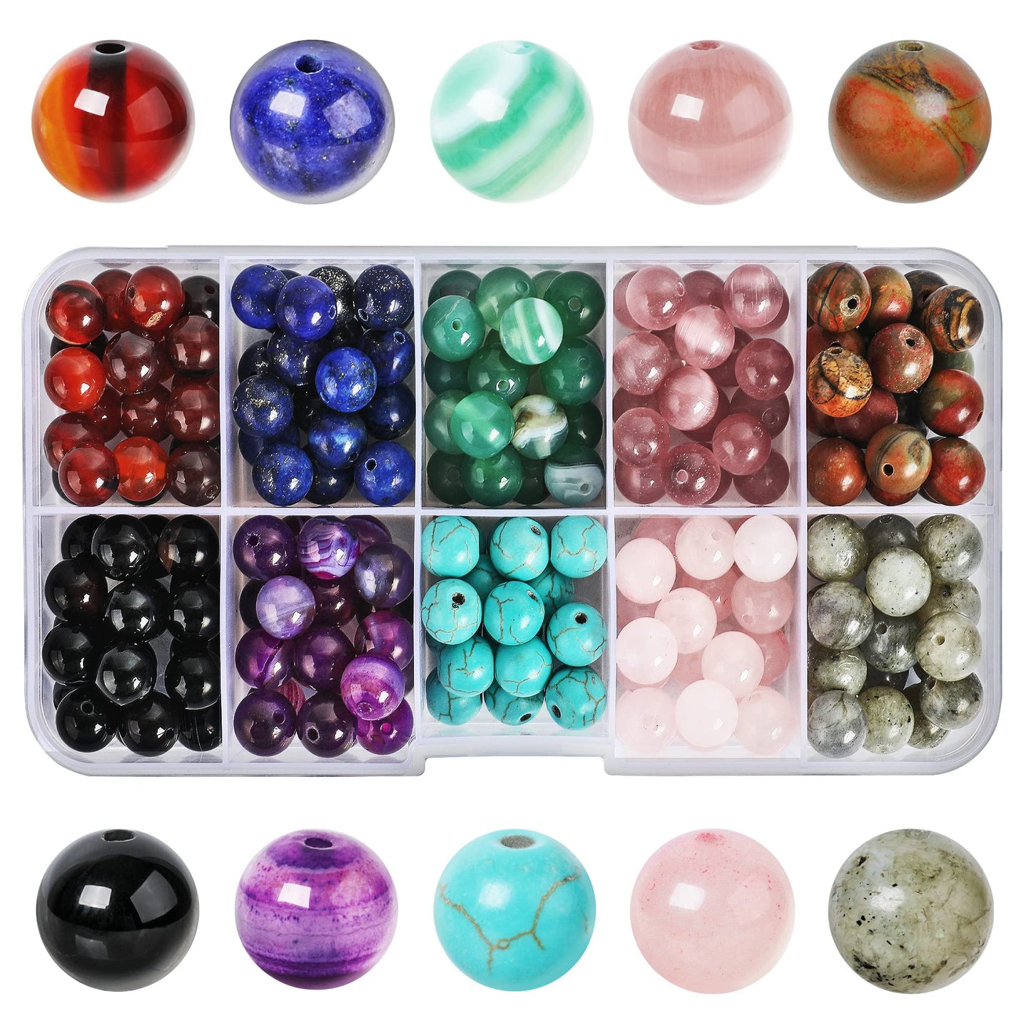 SOSMAR 200pcs Stone Beads, 8mm Crystal Round Beads for Jewellry Making, Rose Quartz/Lapis Lazuli/Turquoise/Agate Craft Bead for Bracelet Necklace