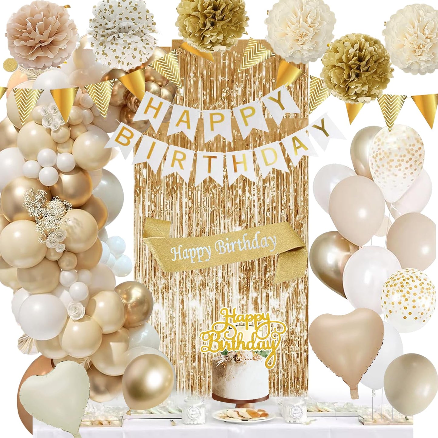 Birthday Decoration Gold, Beige Gold White Party Decoration Set with HAPPY BIRTHDAY Banner, Confetti Balloons, Tinsel Curtains, Sash, Pompoms