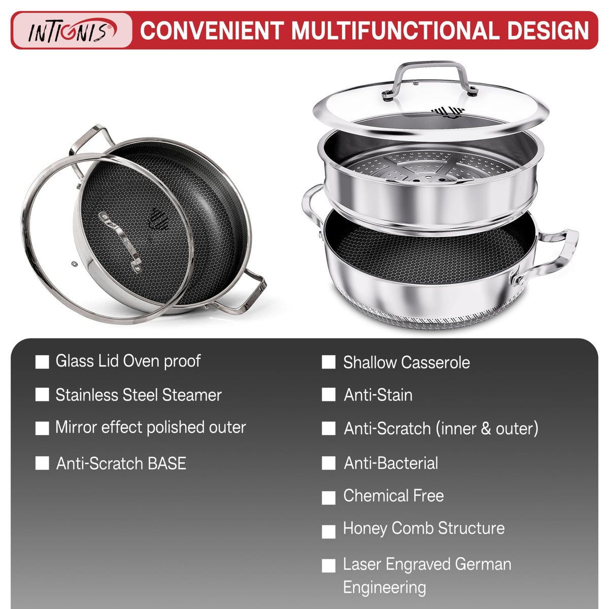 Casserole Dish with Lid Ovenproof Pot | Stainless Steel Hybrid | Toxin Free | Anti Scratch| Non Stick | 30cm | PFOA free | Induction Compatiable |
