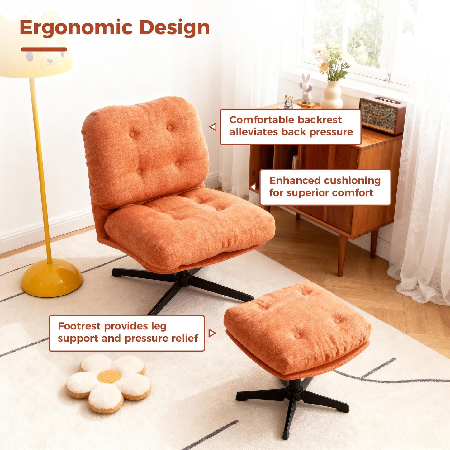 BonVache Foldable Armchair with Footstool, Chenille Accent Chair with Ottoman for Living Room, Fluffy Occasional Lounge Chair for Bedroom and Office
