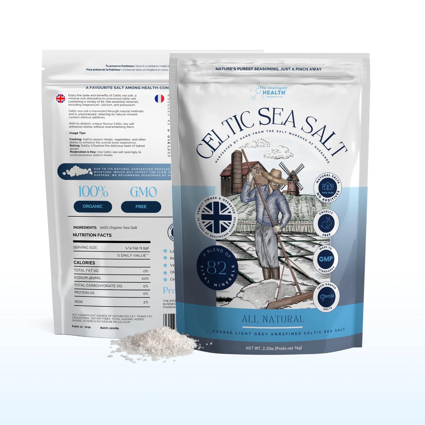 The Intelligent Health Celtic Sea Salt - Unrefined Light Grey Coarse Salt, Hand-Harvested in Gu?rande France - Natural, Kosher, Rich in 82 Vital