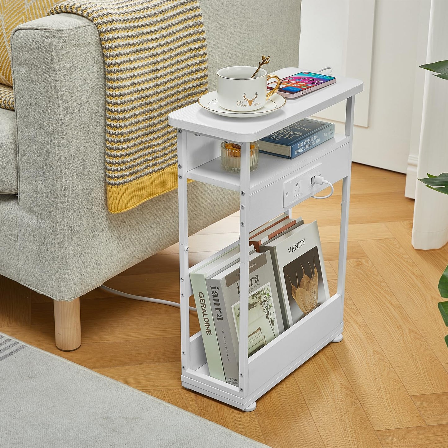 YEAKOO Narrow Side Table With Charging Station, 3 Tier End Table with 2 USB Ports & Power Outlets,Slim Sofa Side Table for Narrow and Small Spaces