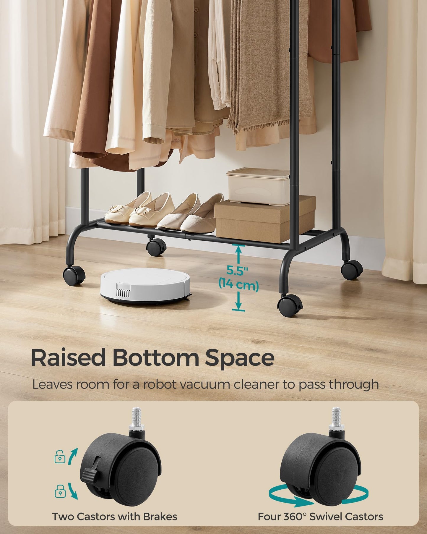 SONGMICS Clothes Rail, Double Clothes Rack on Wheels, Extendable Garment Rack, Heavy-Duty Metal Frame, 80 kg Total Max. Load, 83-120 cm Wide, Ink