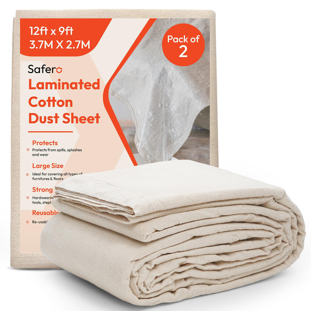 Pack of 2 Laminated Cotton Dust Sheets for Decorating & Painting Size 12ft X 9ft | Waterproof Paint Cover Sheets Backed with Plastic Polythene