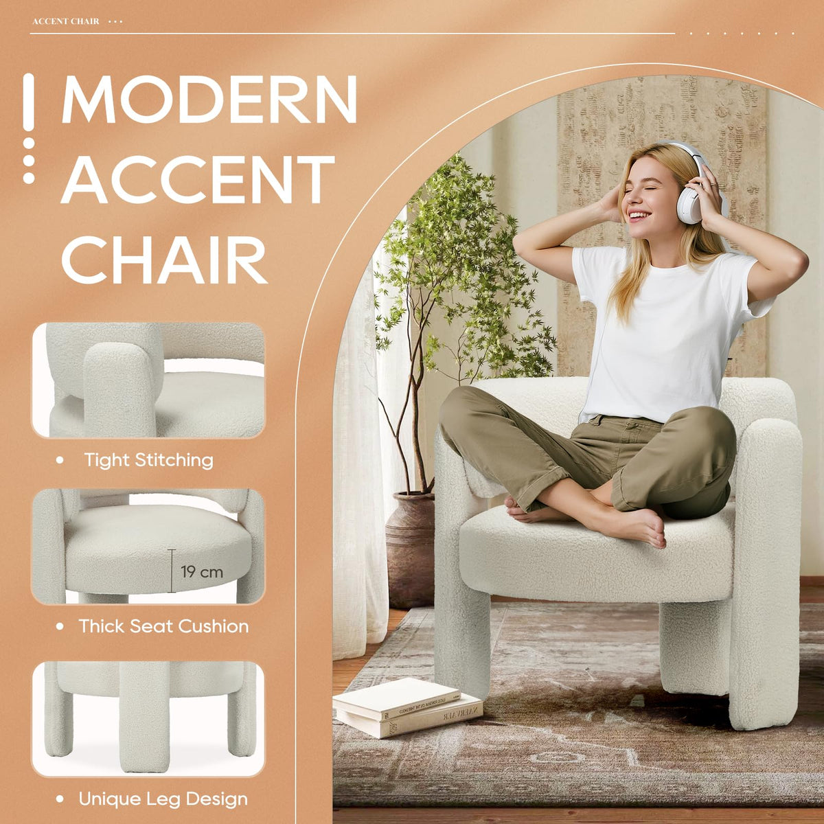 COLAMY Living Room Armchairs, Upholstered Sherpa Accent Chair, Comfy Round Arm Chair with 3 Legs