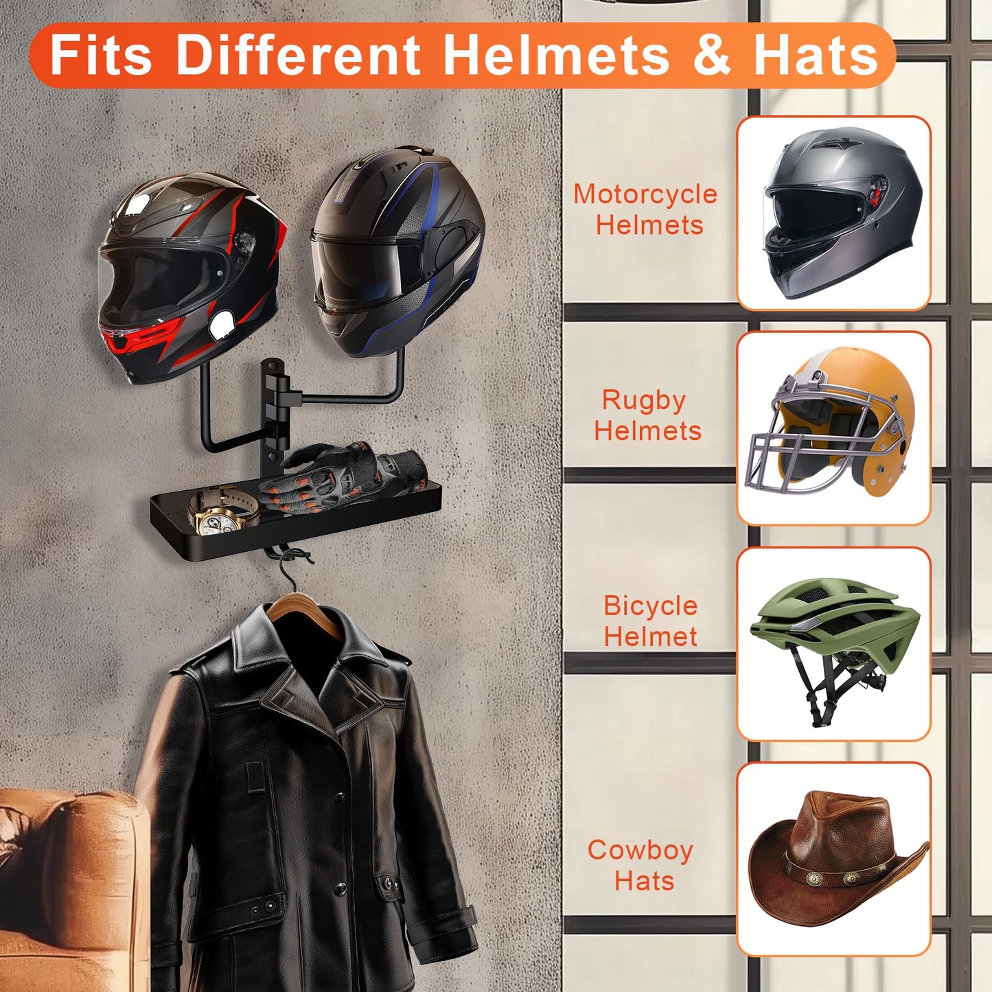 CASDUCT Wall Mounted Helmet Holder with 2pcs Ball, 180° Rotation and Hooks
