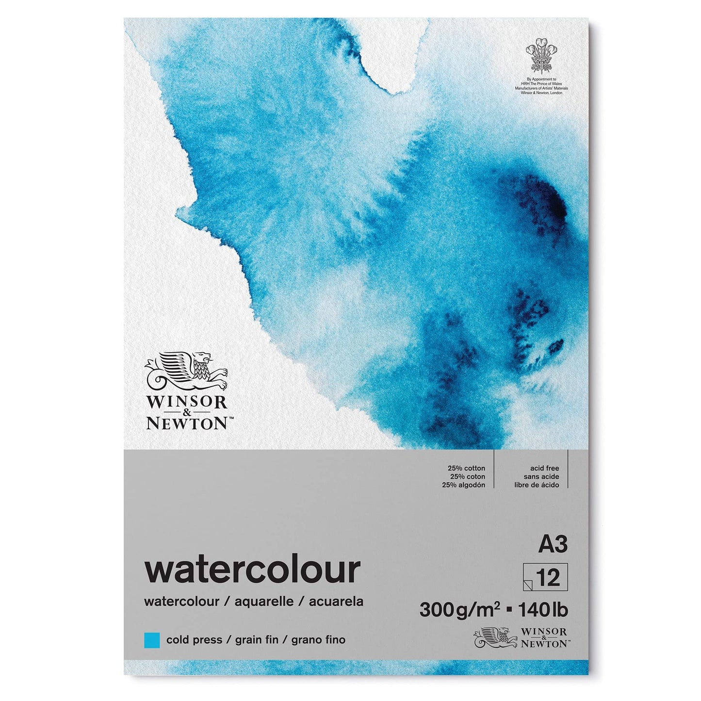 Winsor and Newton Watercolour Paper Pad, A3, 12 Sheets, 300 g/m?, Glue Bound, Cold Pressed, Acid , Mixture of 25 Percent Cotton and Cellulose Fibres,