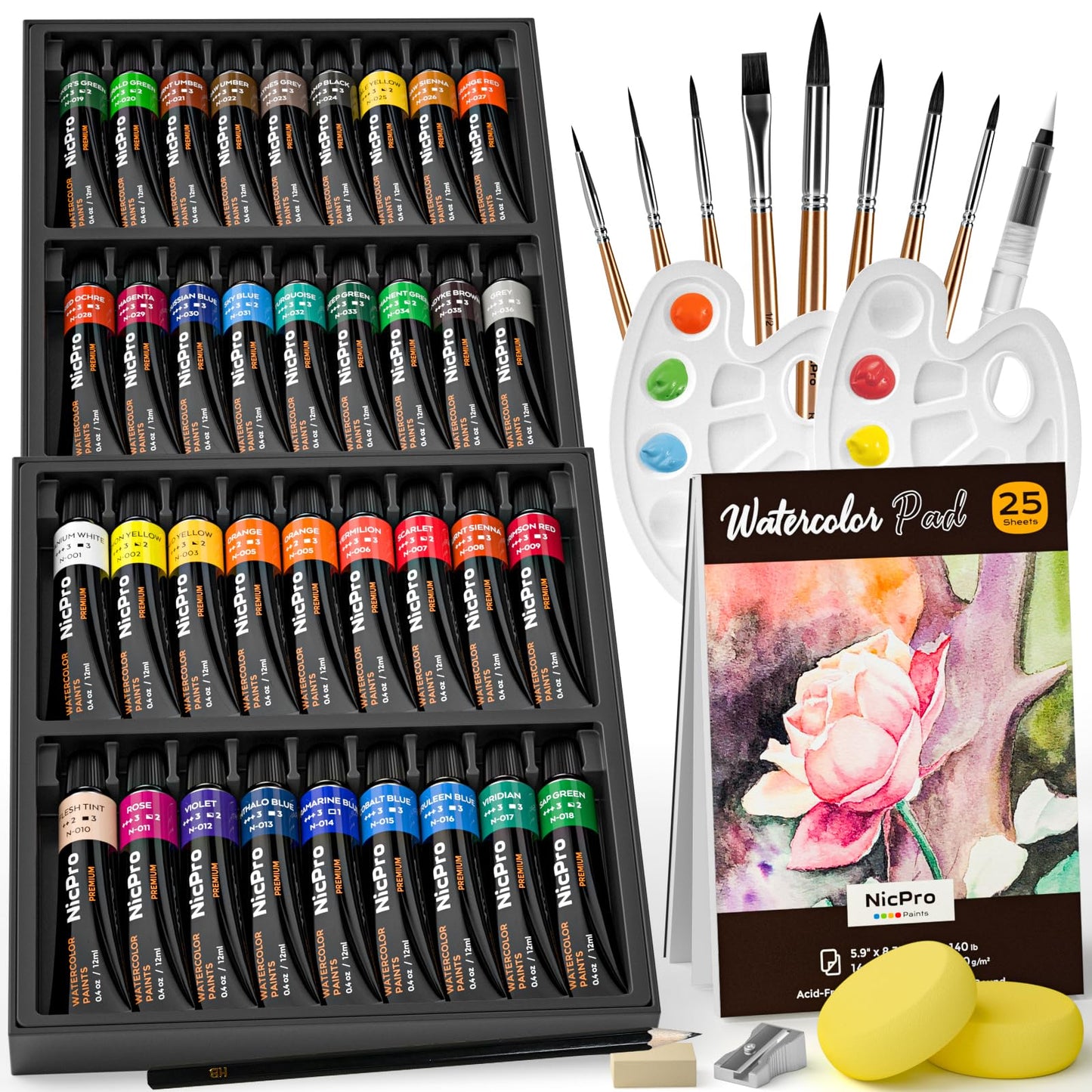 Nicpro 78PCS Watercolour Paint Set for Adults,Beginner & Artists, 36 Tubes Water Color Paint Set with 25 Watercolour Paper, 8 Squirrel Brushes,