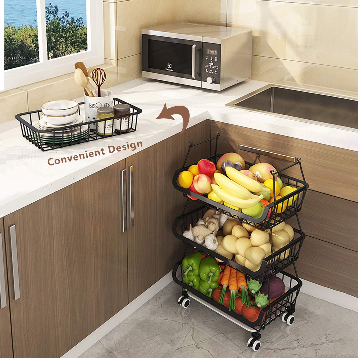 BRIAN & DANY 4 Tier Vegetable Storage Rack, Stackable Fruit Vegetable Stand with Lockable Casters and 5 S-Hooks for Kitchen, Pantry, Bathroom, Garage