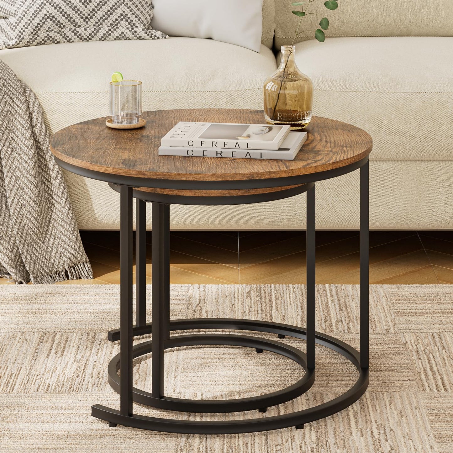 HEYZOEY Round Coffee Tables, Removable Set of 2 End Table, Nesting Tables with Black Metal Frame Legs and Marble Black Top for Living Room, Bedroom