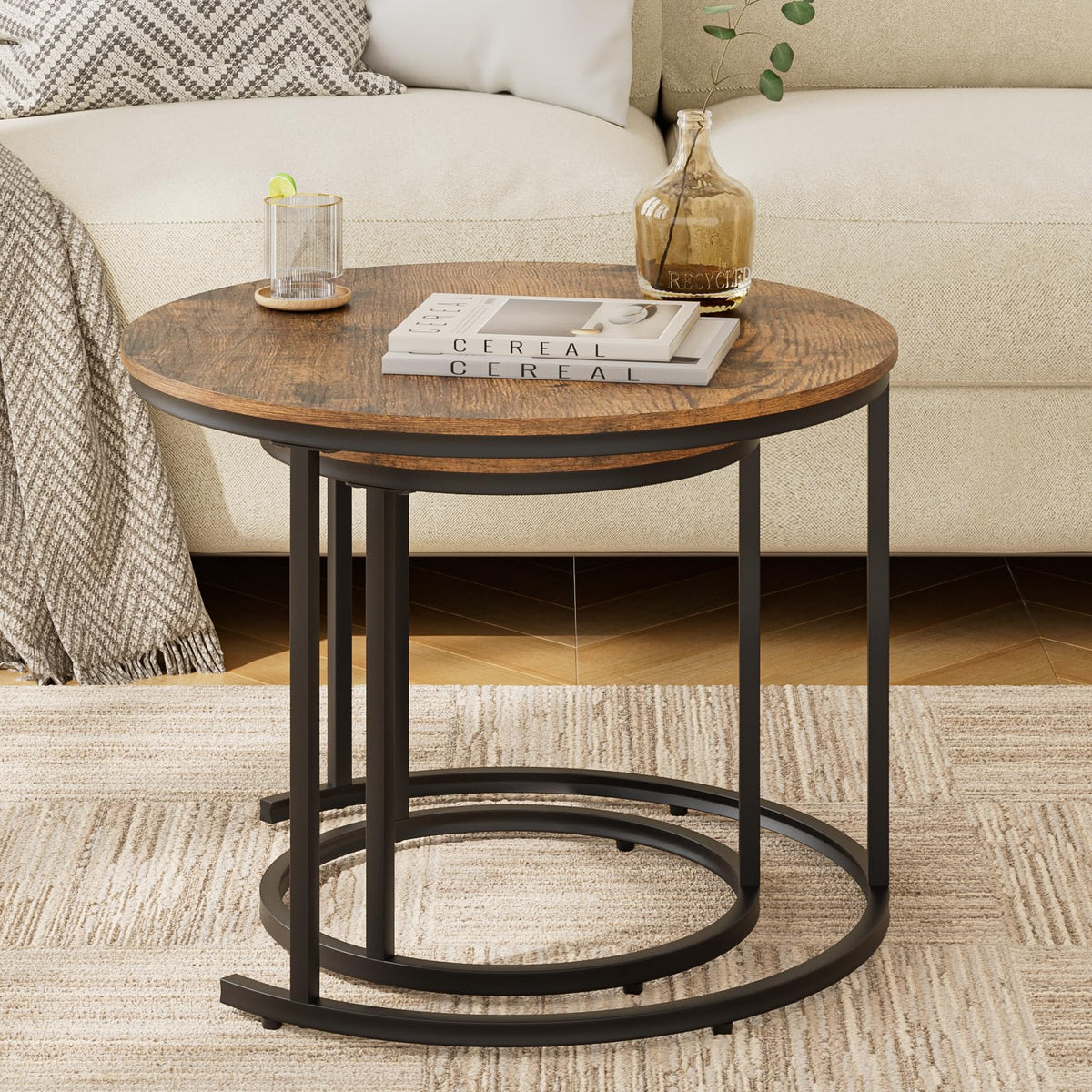 HEYZOEY Round Coffee Tables, Removable Set of 2 End Table, Nesting Tables with Black Metal Frame Legs and Marble Black Top for Living Room, Bedroom