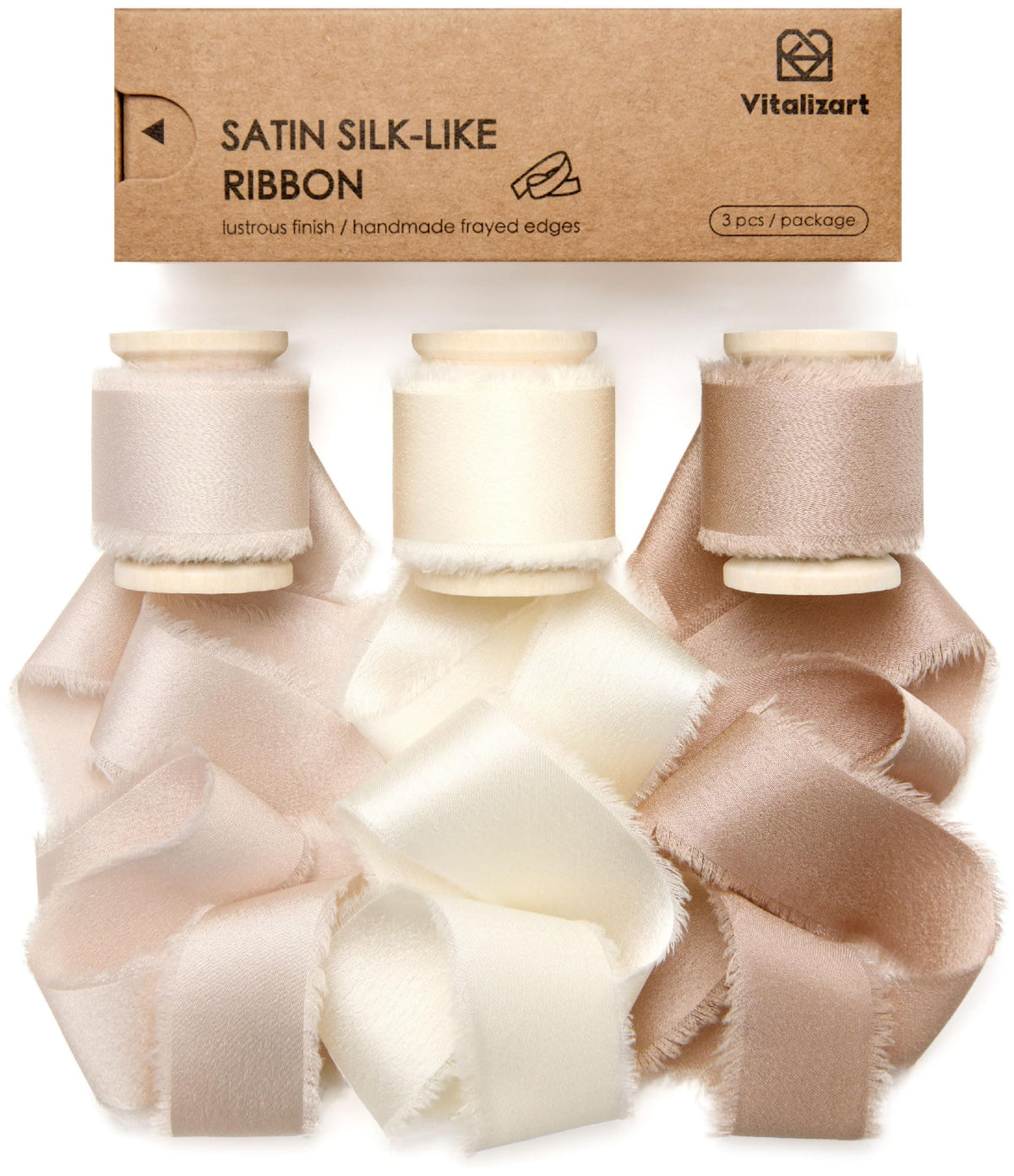Vitalizart Silky Satin Ribbon 1'' x 15 Yard Wooden Spool, Champagne & Nude Handmade Frayed Ribbon Cream White for Gift Wrapping Baby Shower Wedding